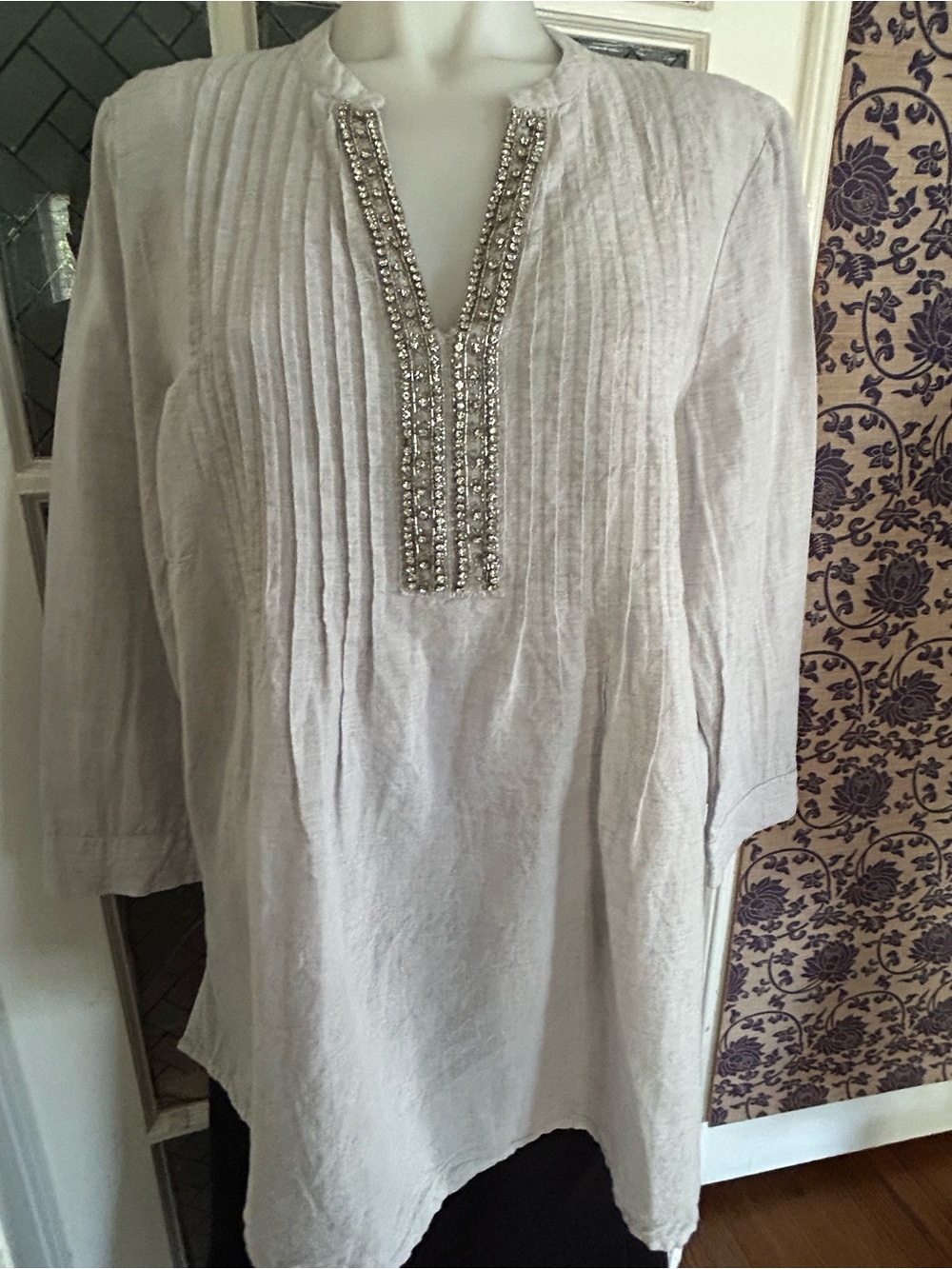 Chicos Beaded Tunic Top 1 Medium Linen Cotton Embellished Boho Resortwear Beachy - Picture 2 of 12